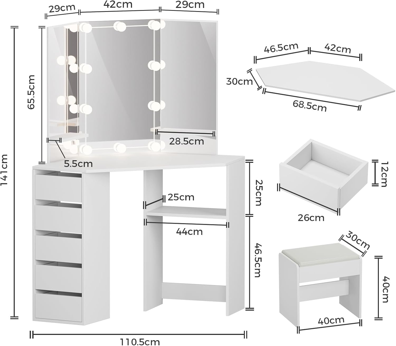 Coiffeuse de Coin avec Lumières LED