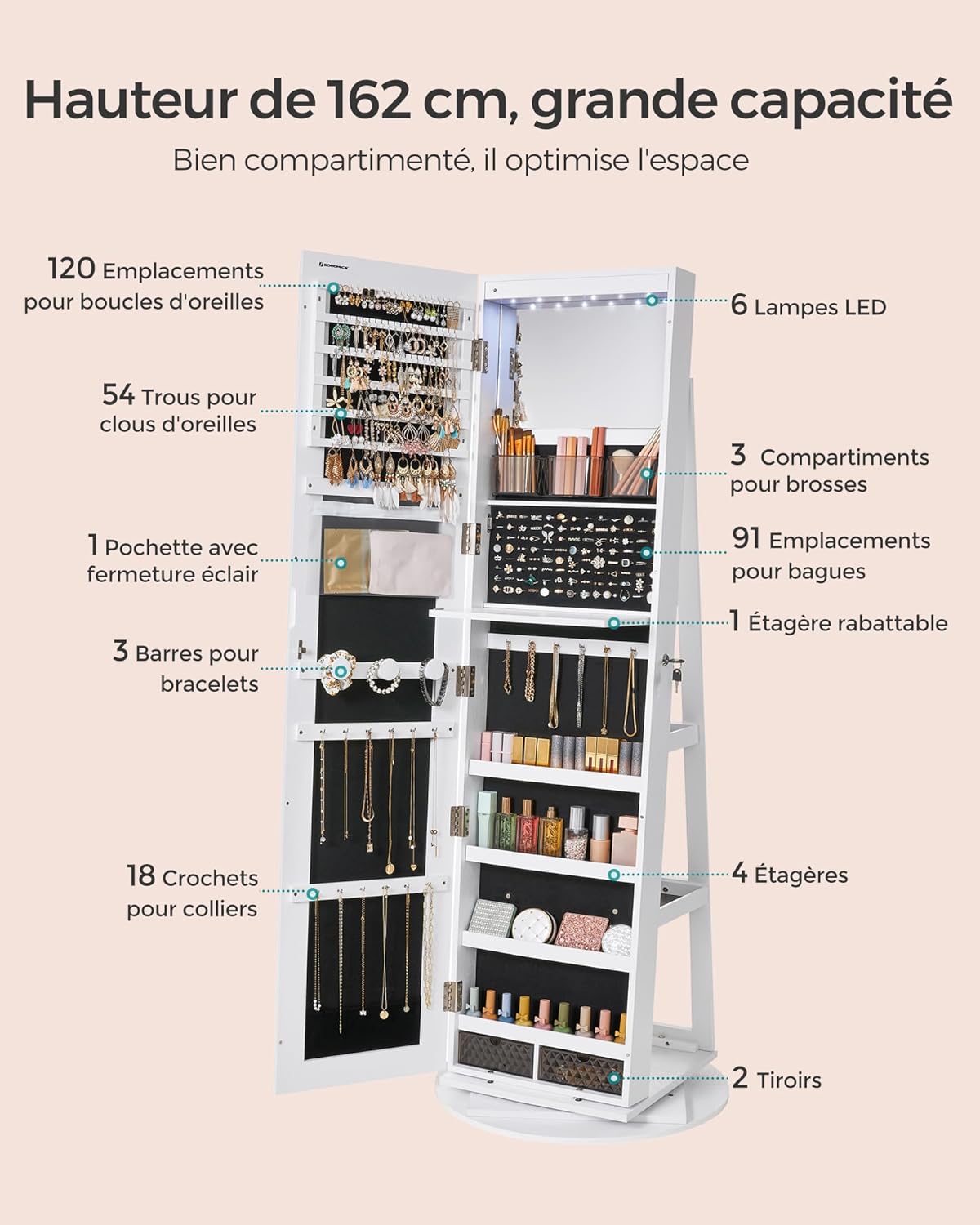 Armoire à Bijoux Rotatif avec Miroir