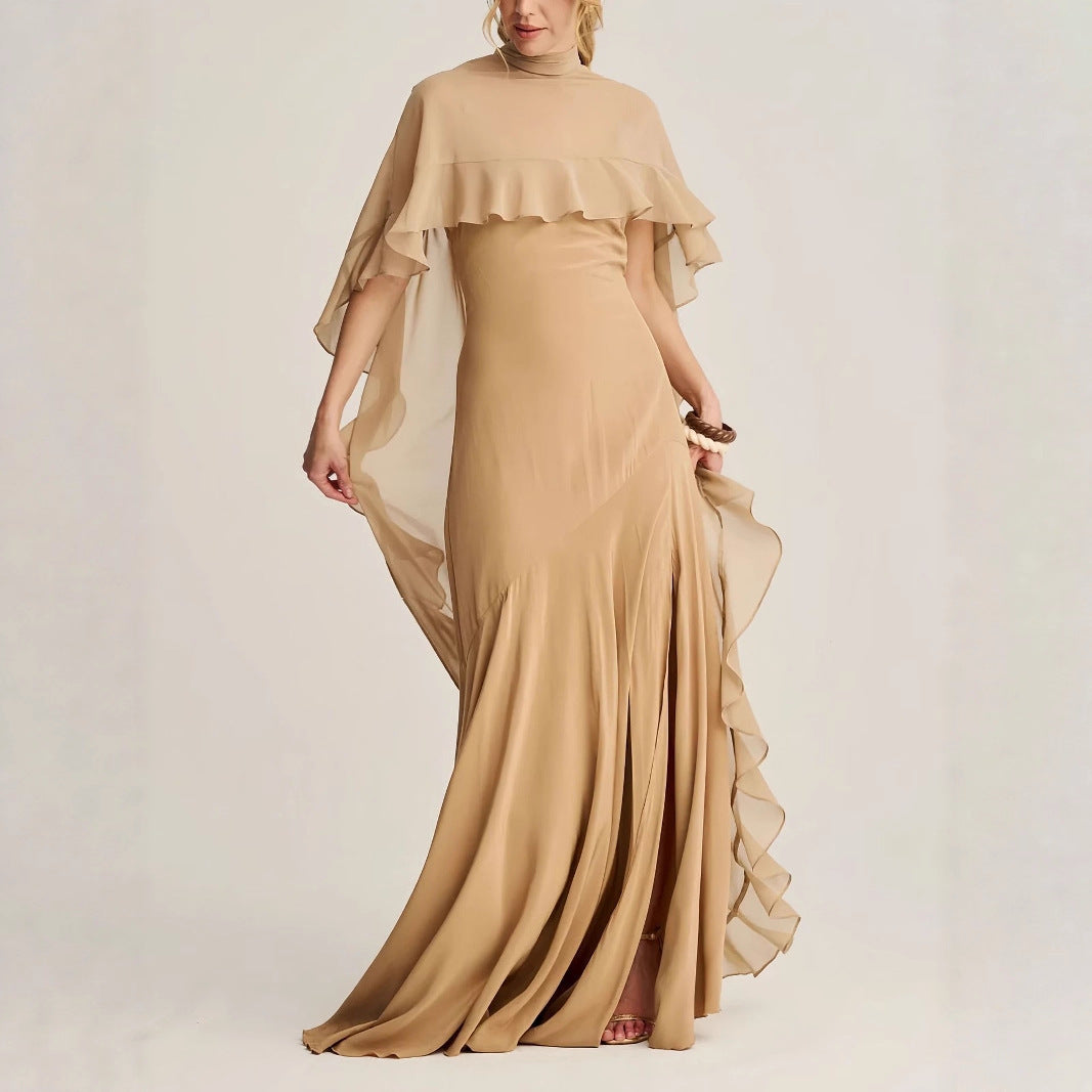 Elegant High-neck Ruffled Cape Gown With Graceful Evening Dress